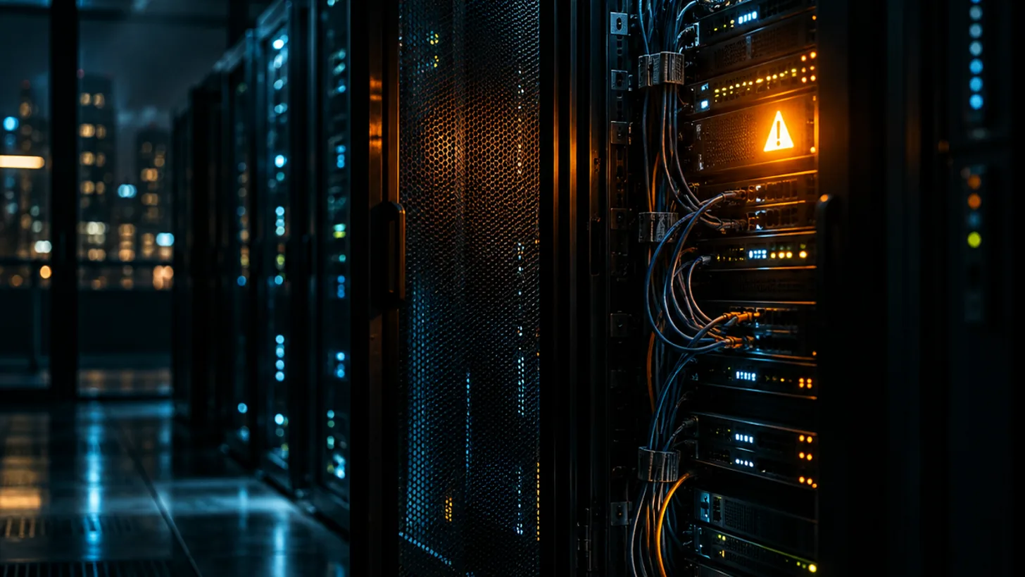 A dark server room at night with racks of blinking blue lights, one server glowing orange with a warning triangle, and a city skyline through the window.