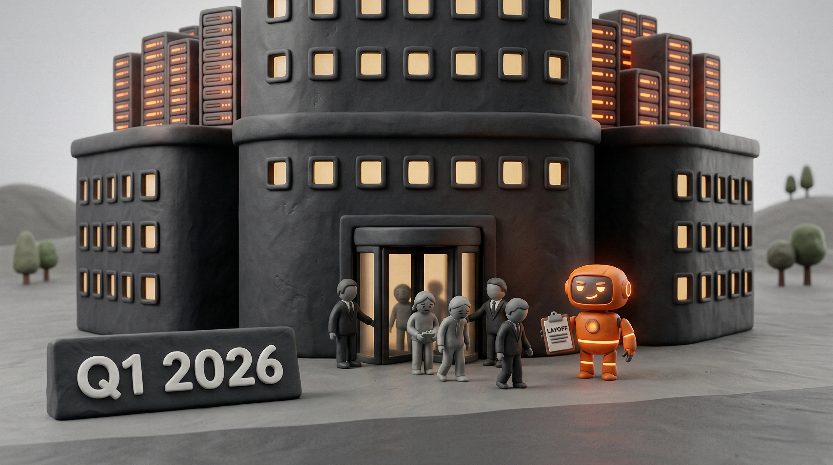 Illustration of office layoffs with AI robot icon symbolizing AI-blamed job cuts (2026)