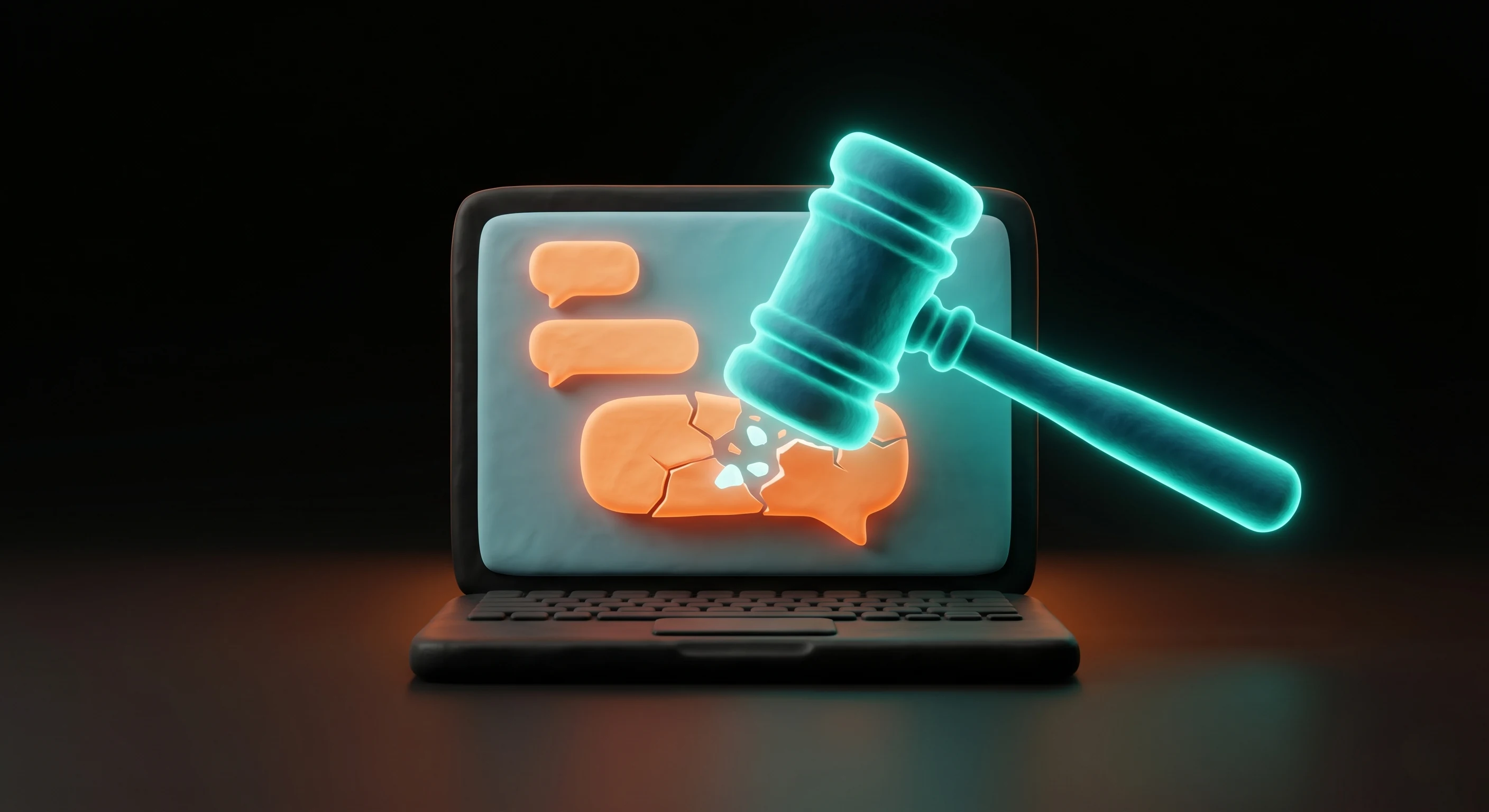 A glowing gavel smashing chat bubbles on a laptop screen