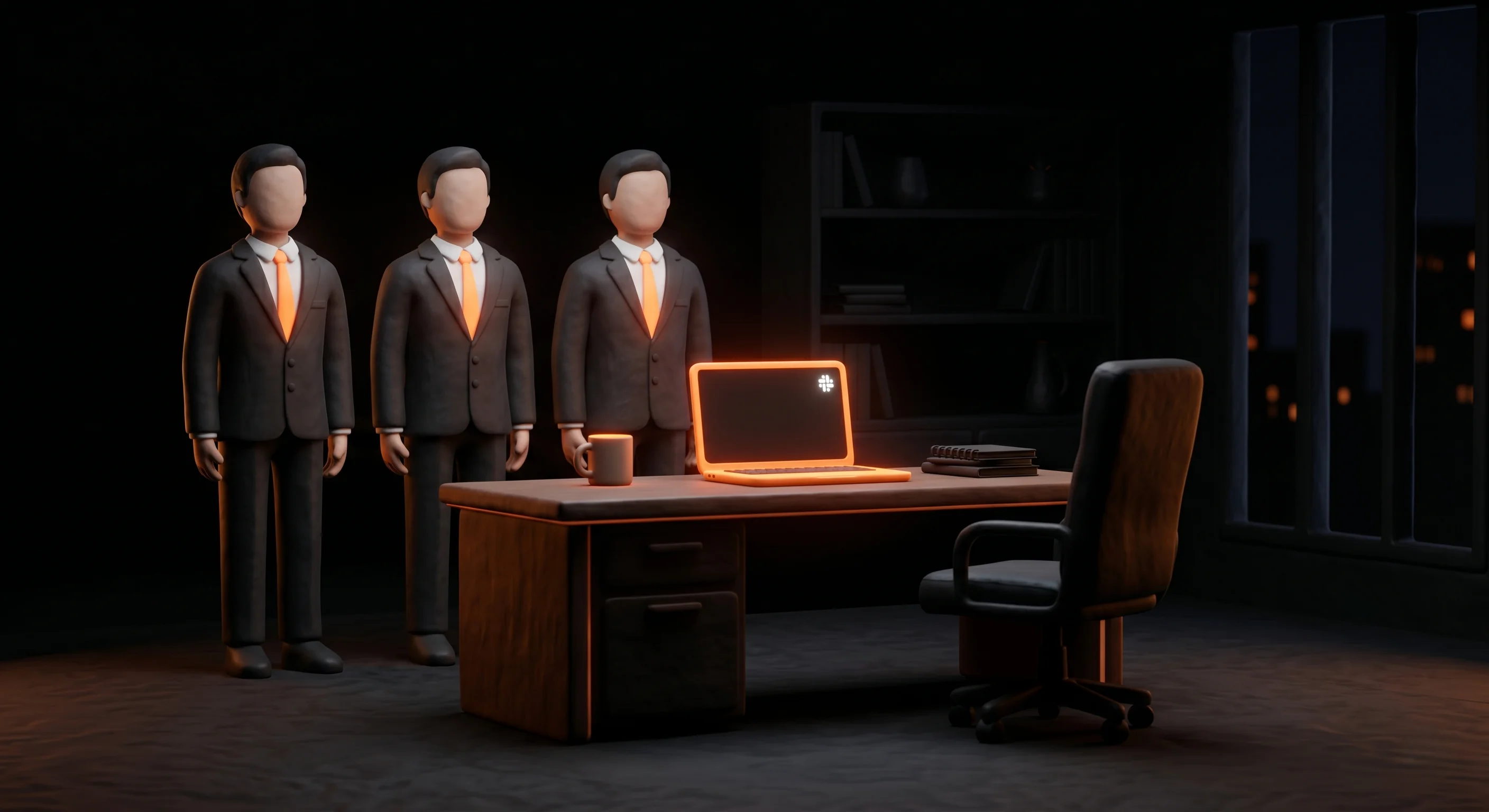 Three faceless executives in dark suits standing behind an empty chair, glowing orange laptop showing Slack notification on the desk