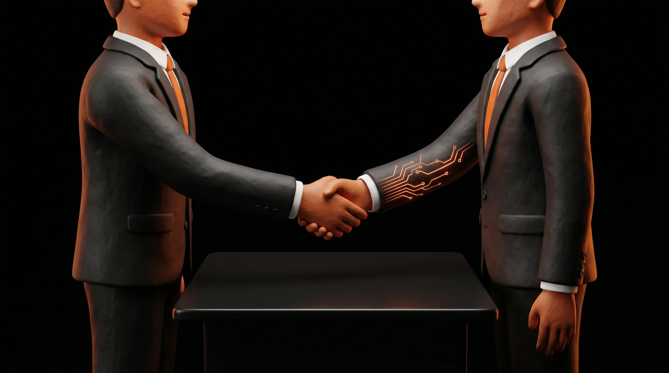 A claymorphic handshake merging an AI vendor and a consultant into a single figure