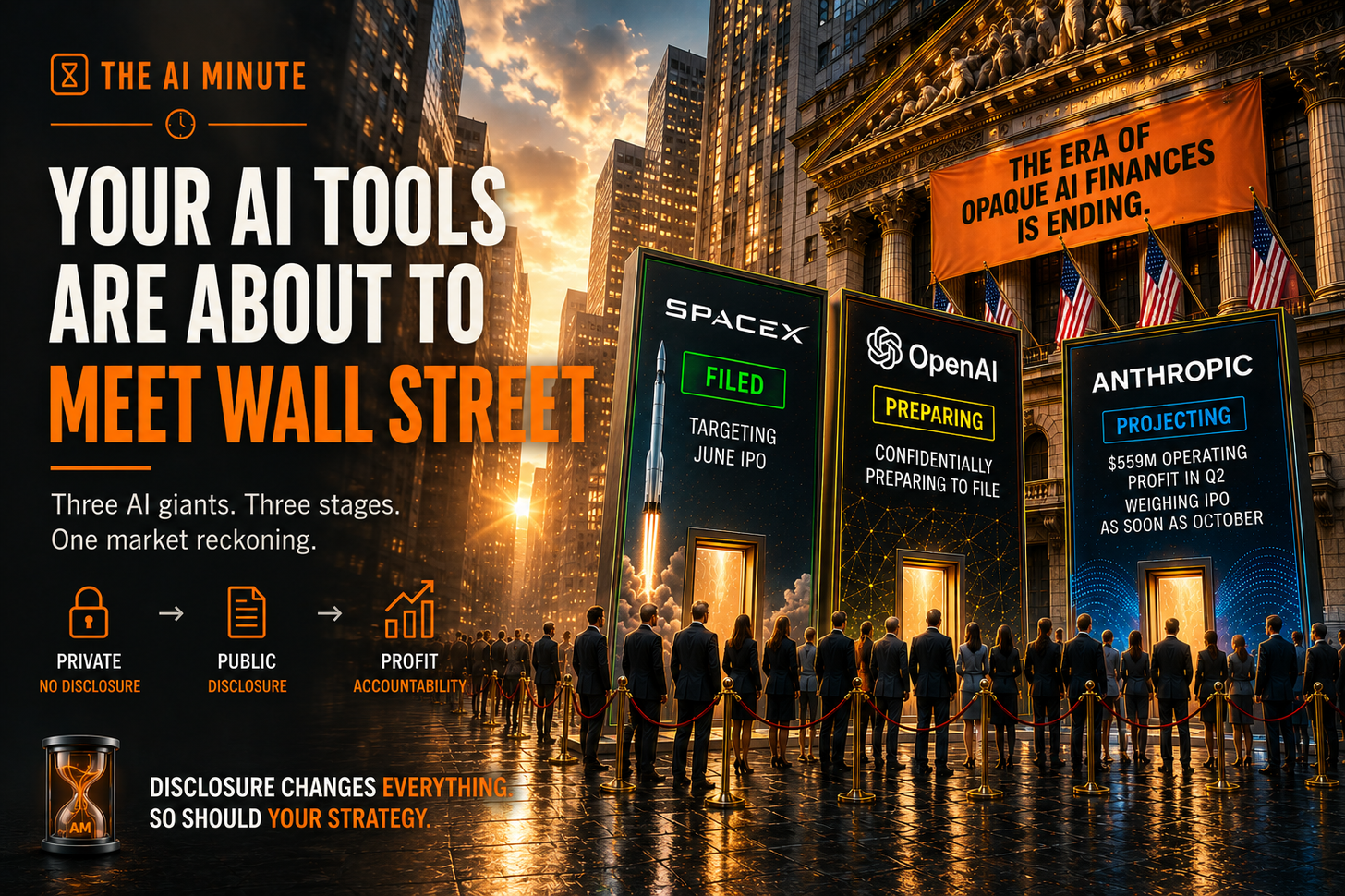 Three giant billboards on a Wall Street block at sunset showing SpaceX (Filed), OpenAI (Preparing), and Anthropic (Projecting) IPO stages, with a crowd of business people watching.