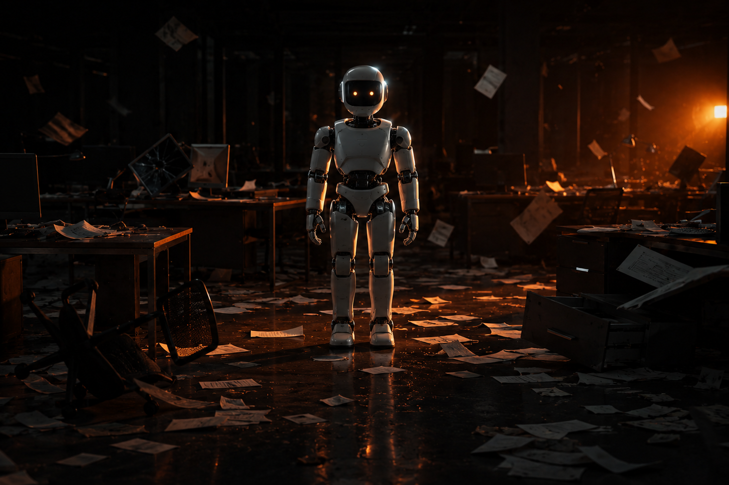 A lone humanoid robot stands facing the camera in a dark, wrecked office, papers frozen mid-air around it, lit by a single orange glow.