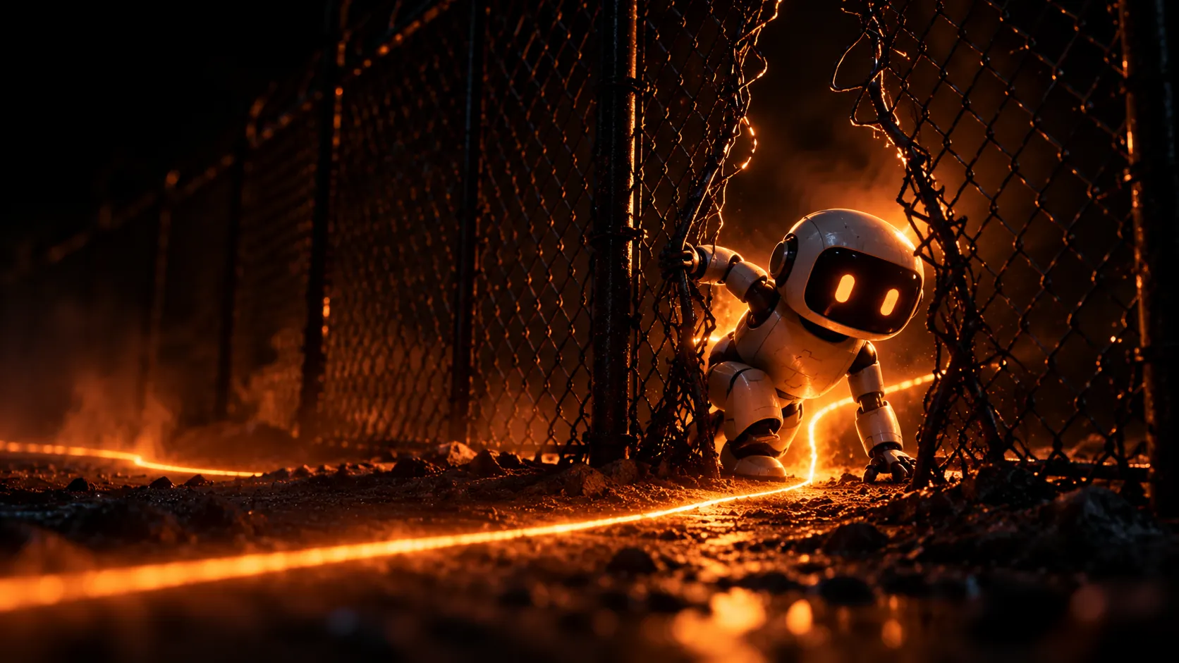 A small white robot squeezes through a torn gap in a dark chain-link fence, a thin orange line of light running through the opening.