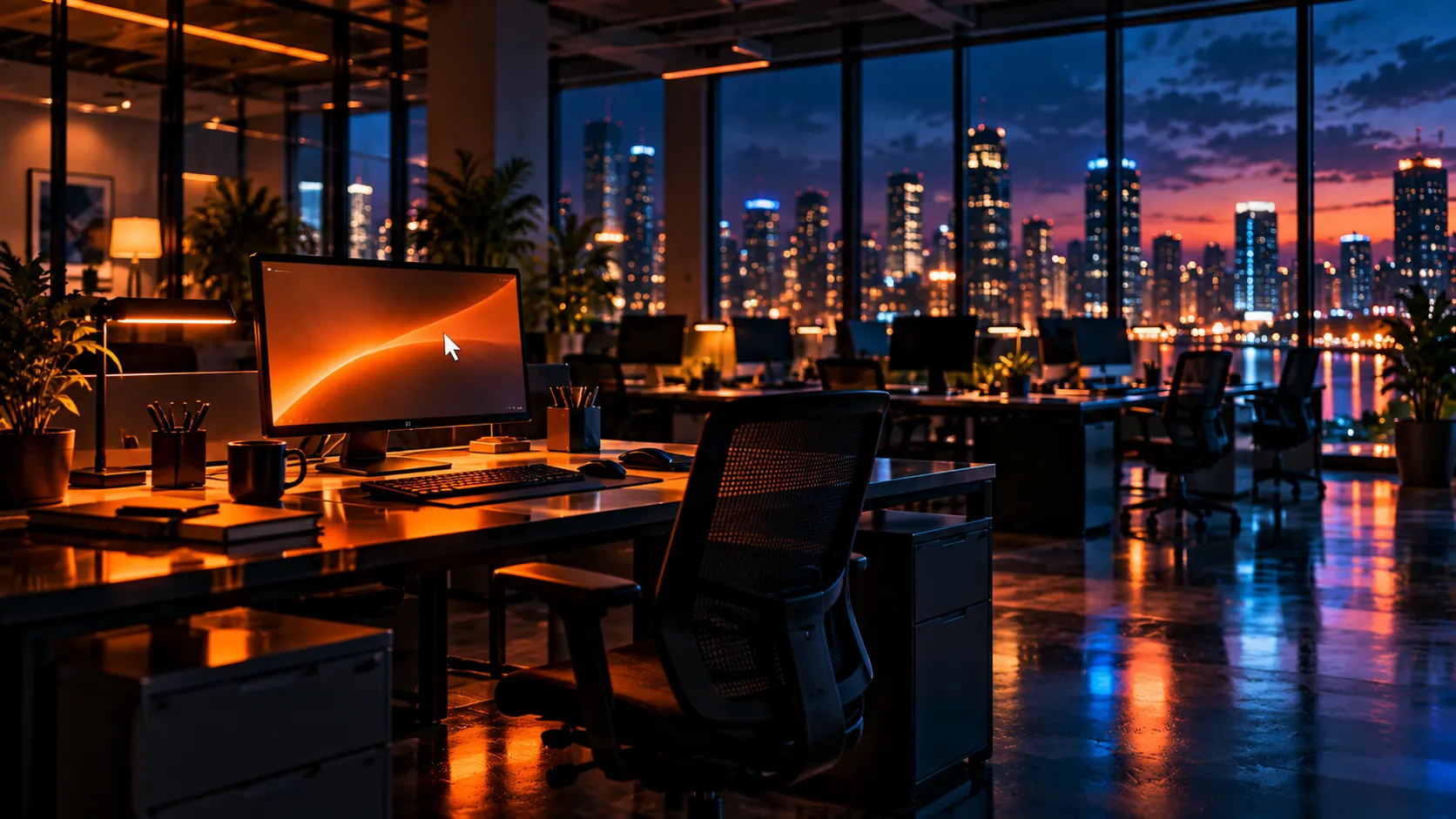 An empty open-plan office at night, one monitor still glowing orange with a cursor on screen, city lights beyond the windows.