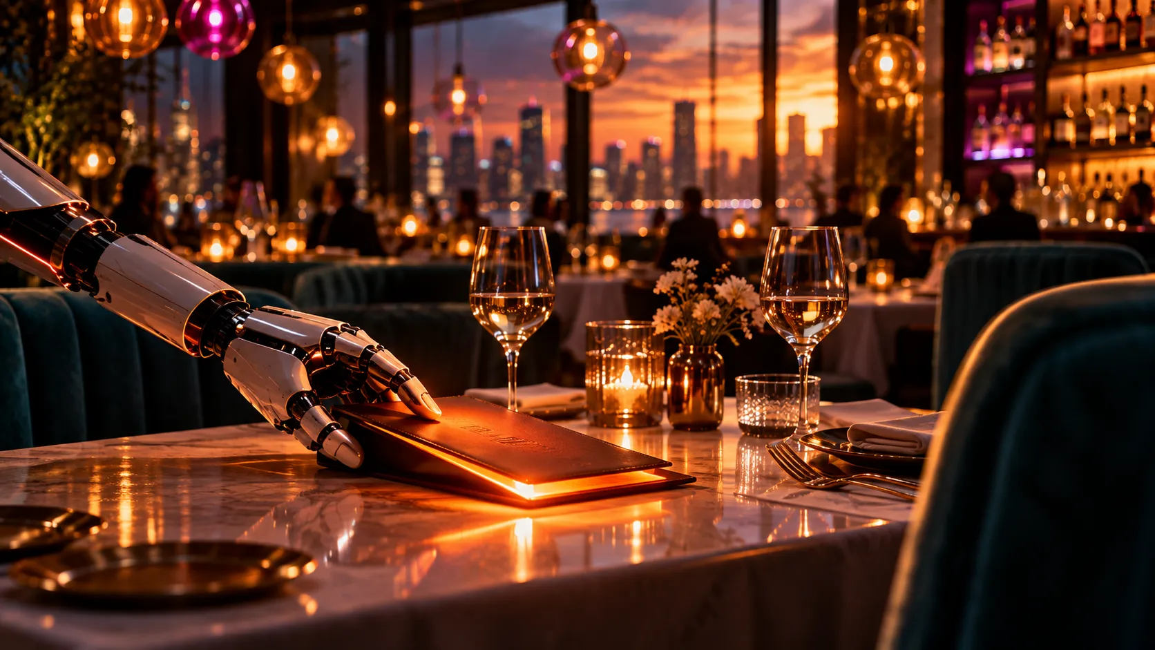 A robotic hand slides a glowing orange bill across a restaurant table at sunset, city skyline beyond the windows.