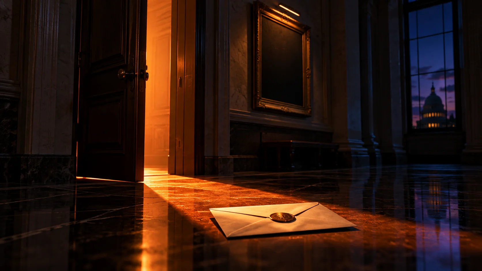 A sealed envelope lies unopened in a beam of orange light on a dark marble corridor floor, beside an open door and an empty frame, with the Capitol dome at dusk through a window.