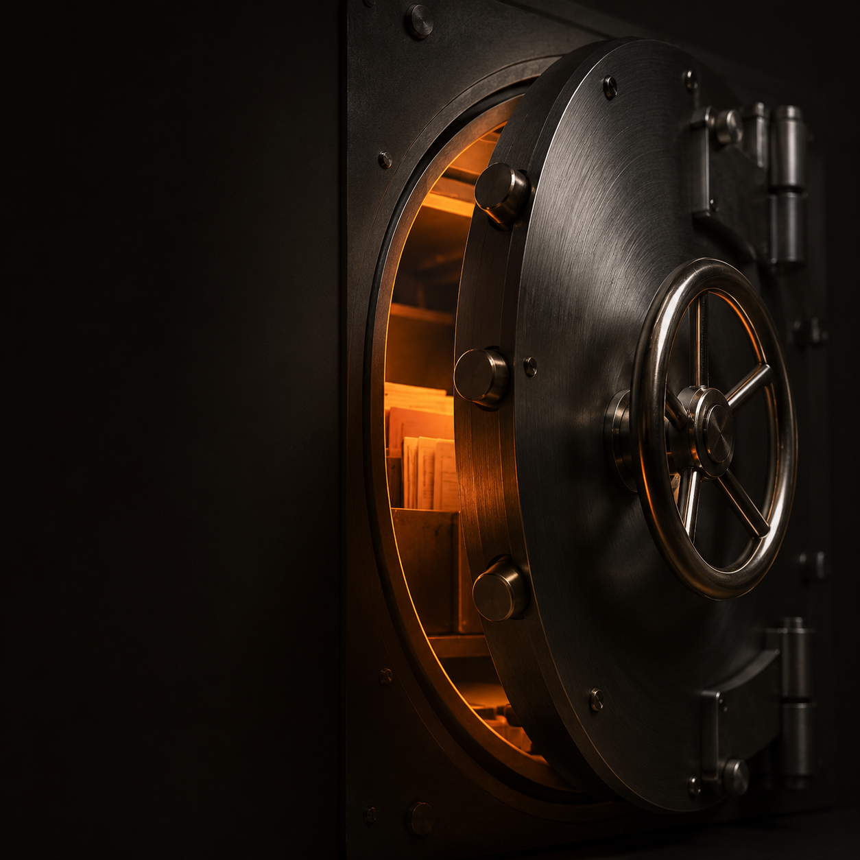 The AI Minute Vault: an open steel vault revealing stored documents.